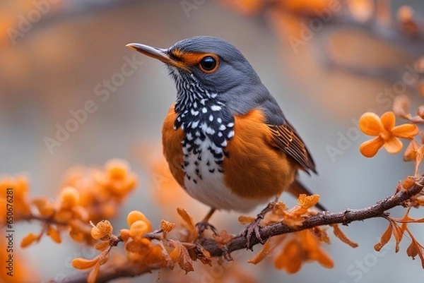 Obraz Orange thrush on flowering branch