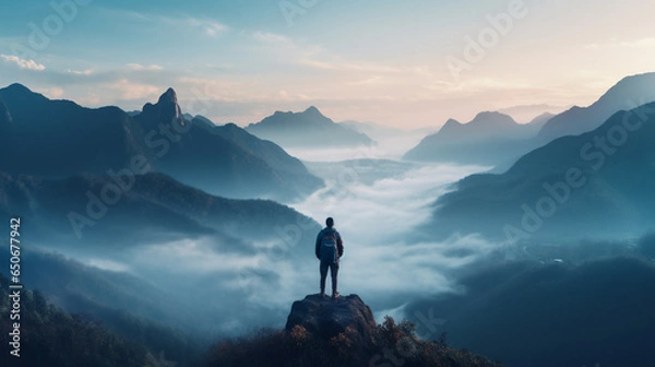 Obraz a man with a backpack on top of a mountain above the clouds with a beautiful view of the mountains