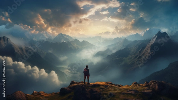 Fototapeta a man with a backpack on top of a mountain above the clouds with a beautiful view of the mountains