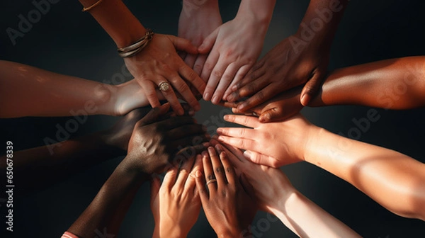 Obraz many human hands of different racial backgrounds are folded in a circle 