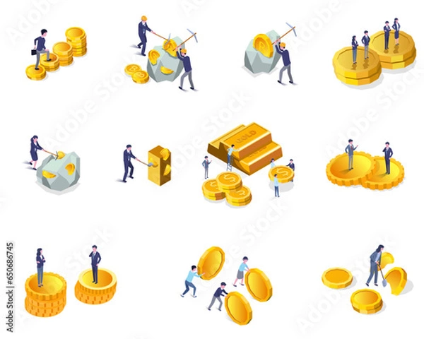 Fototapeta vector isometric concept illustration set  of businessman,miner get big coin、gold,crypto money