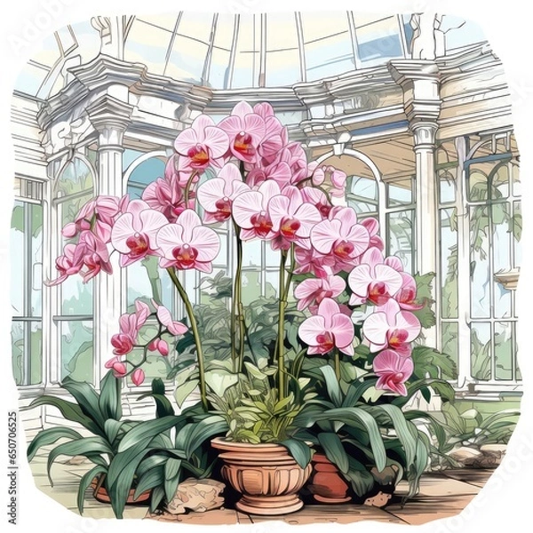 Fototapeta Exquisite orchids bloom in the conservatory in cartoon style
