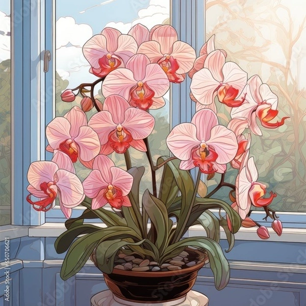 Fototapeta Exquisite orchids bloom in the conservatory in cartoon style
