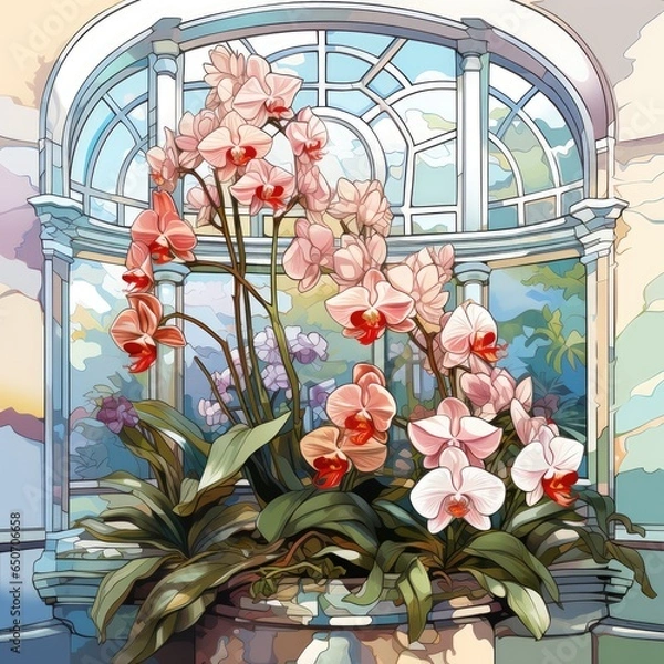Fototapeta Exquisite orchids bloom in the conservatory in cartoon style