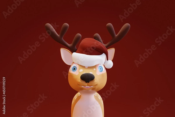 Fototapeta Cute cartoon Deer with gift in Santa hat. 3d render