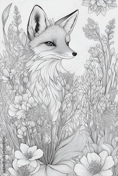 Fototapeta Drawing line for coloring of a beautiful foxes among various flowers.
