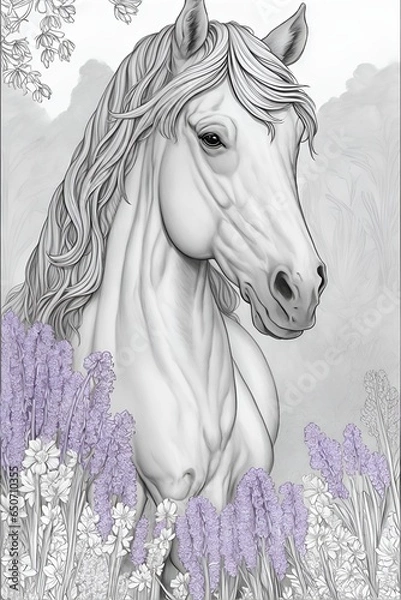 Fototapeta Drawing line for coloring of a beautiful horse among various flowers.