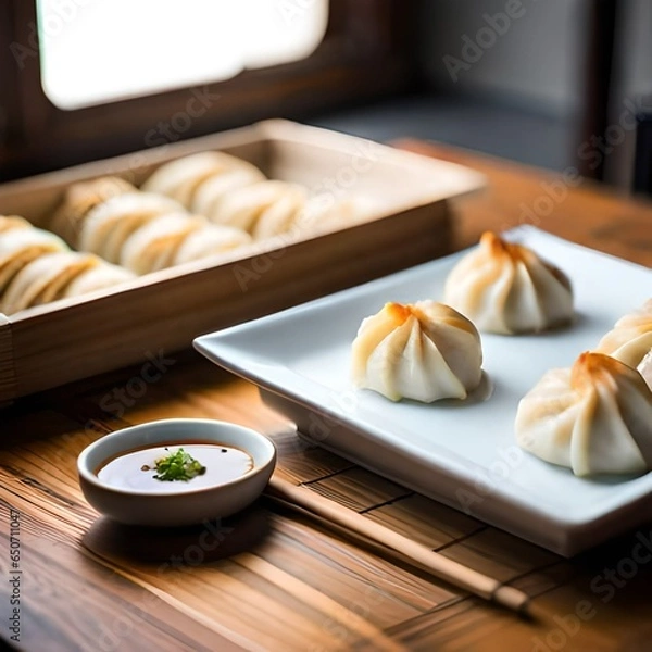Obraz Dumplings on table with sauce- Generated AI