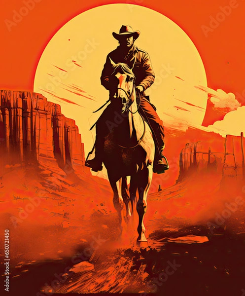 Fototapeta cowboy riding horse at sunset