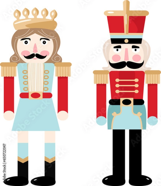 Obraz Figurine of a male Nutcracker in a cartoon style in blue and red colors. 2 illustration king and solder for Christmas card .