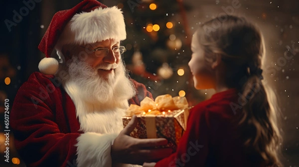 Fototapeta santa claus giving gift to children