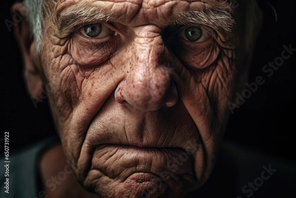 Fototapeta Portrait of grumpy elderly man frowning and looking at camera. Face of senior old man close-up.