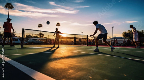 Obraz Pickleball is racket or paddle sport in which two singles or four doubles players hit a perforated hollow plastic ball. Players on pickleball court