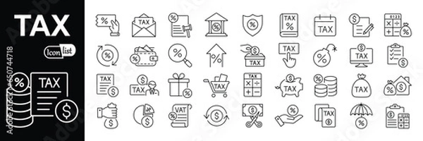 Obraz Tax icon set. Interest rate, tax return, vat, tariff, personal tax, collection. Vector illustration.