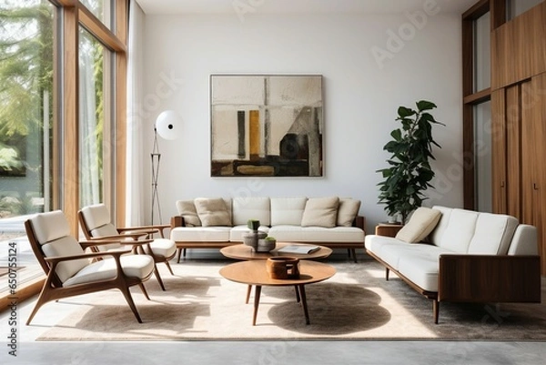 Obraz A mid century interior design within a modern living room adorned with a white sofa and wooden chairs.