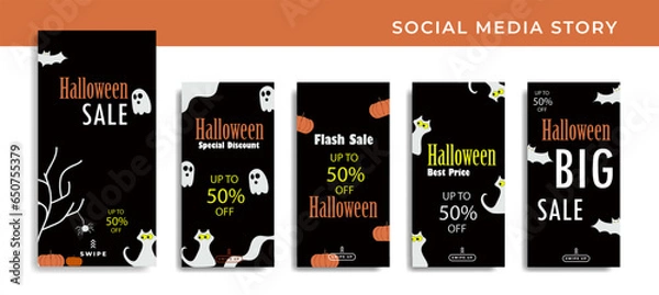 Fototapeta Set 5 of Social Media Networks Stories Halloween banner sale Background, Mobile App, Poster, Flyer, Coupon,Smartphone Advertisement Template Story,Liquid Abstract Modern. editable template eps 10