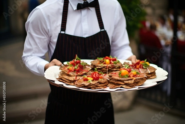 Fototapeta Hand of waiter from restaurant with a terrace on the beach with a view of the turquoise sea carries heavy plates with hamburgers for guests.