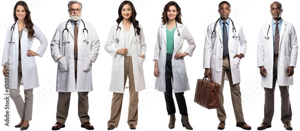 Obraz a group of multiethnic doctors dressed in white coats standing still posing, isolated on a transparent background