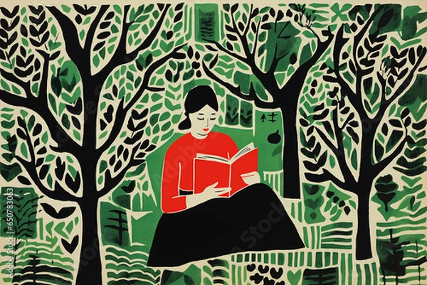 Fototapeta girl in the nature illustration reading a book, alone around green background