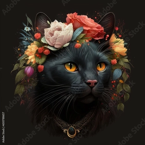 Obraz Watercolor painting of a black cat with a wreath of flowers and leaves
Image generated with artificial intelligence, AI-illustrated cat