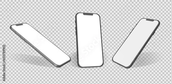 Fototapeta Smartphone mockup in rotated position. Mobile from different angles with blank screen. Template for presentation 3D realistic device. Vector illustration for banner, flyer, business card.