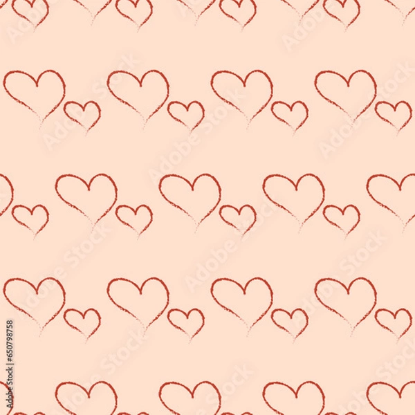 Fototapeta Seamless geometric pattern with red hearts by hand drawing on pink background. Valentine's day's patter. Vector print for fabric background	