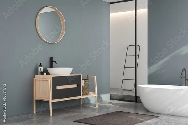 Fototapeta Modern minimalist bathroom interior, modern bathroom cabinet, white sink, wooden vanity, interior plants, bathroom accessories, bathtub and shower, white and blue walls, concrete floor.
