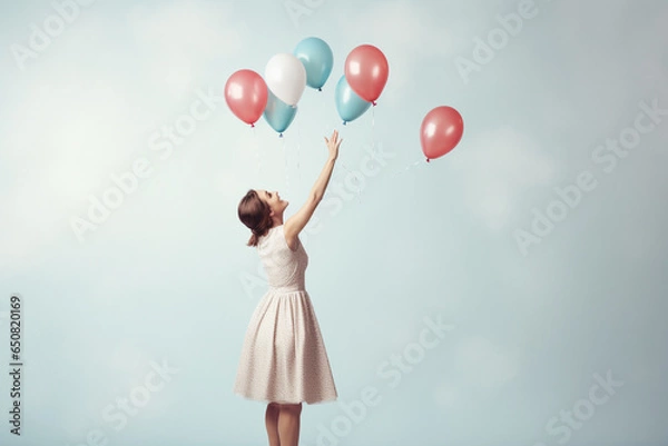 Obraz Celebration, festive and lifestyles concept. Studio portrait of happy and smiling woman with colorful balloons in background. Generative AI