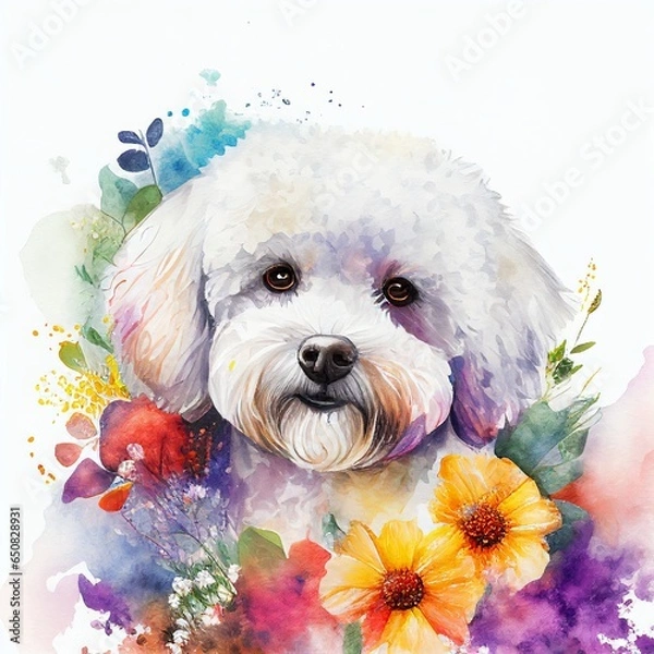 Obraz watercolor painting of a bichon frise dog wearing a wreath of flowers and leaves on its head
Image generated with artificial intelligence, AI-illustrated