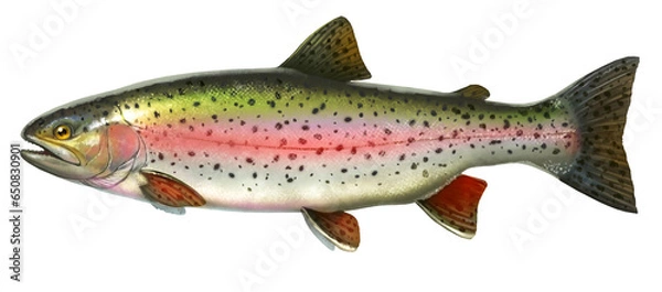 Obraz Big rainbow trout. River fish side view, illustration isolate realistic on white background.