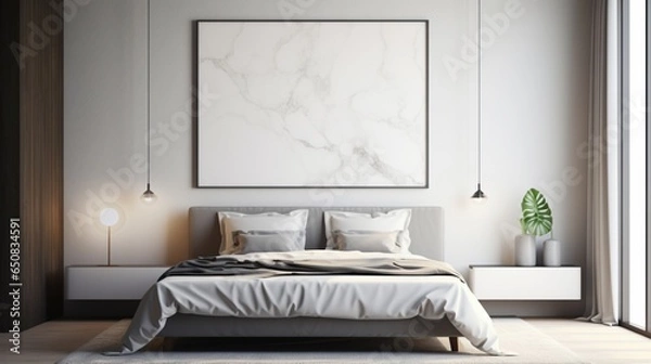 Obraz A mockup poster blank frame, hanging on a chiselled marble wall, elevates the design of a modern bed.