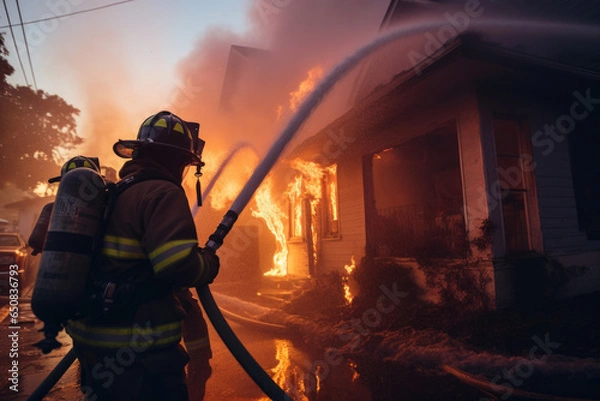 Fototapeta bombero con manguera apagando incendio en una casa.