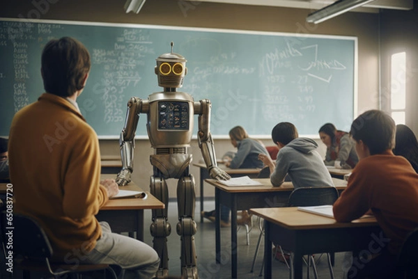 Fototapeta Imagen retornable de un robot retro-futurista dando clase en un aula de educación secundaria