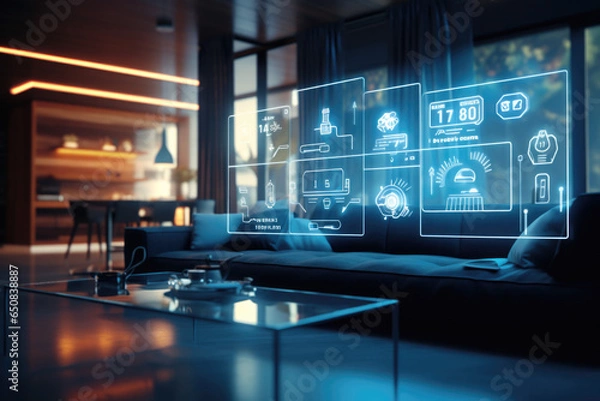 Fototapeta Un salón moderno en una casa inteligente con interfaces holográficas y tecnología avanzada centrada en la ciberseguridad y la automatización del hogar.