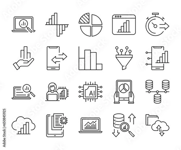 Fototapeta Set of data driven and analytics with editable stroke line icons. Research big data chart  vector illustrations.