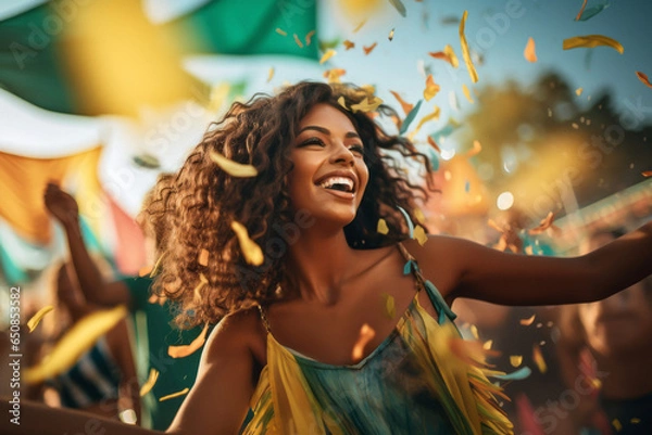 Fototapeta Closeup portrait of Woman in Brazilian samba carnival costume with colorful feathers plumage. Happy woman smiling and dancing on Brazilian Carnival