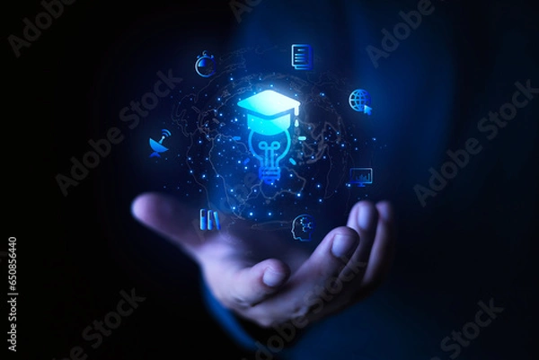 Fototapeta Internet learning and education concept, technology network, online classes, e-learning, online education, education, training, tutor, video lessons, curriculum, homeschool knowledge. 