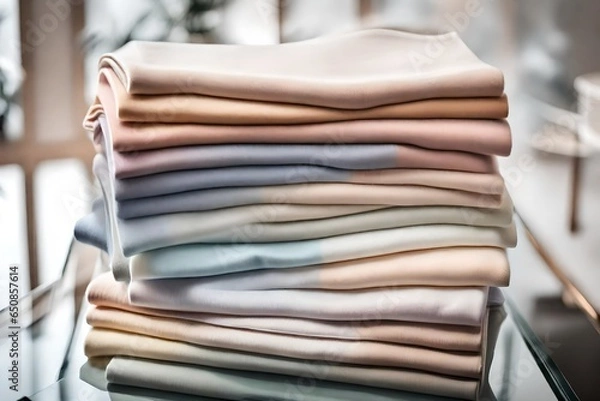 Fototapeta A stack of perfectly folded pastel cashmere sweaters on a glass table in a minimalist showroom.