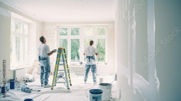 Fototapeta Painting company workers painting white wall of a new house. Working together on a restoration