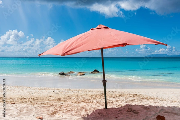Fototapeta Beach umbrella in foreground with a turquoise cystal water of caribbean sea in background