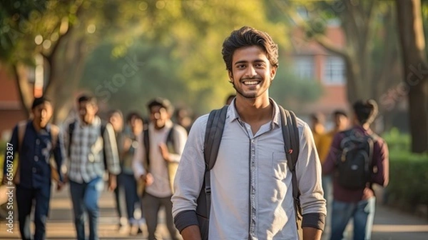 Fototapeta Indian student ready to go to class, back to the university concept. Handsome man smiling to camera