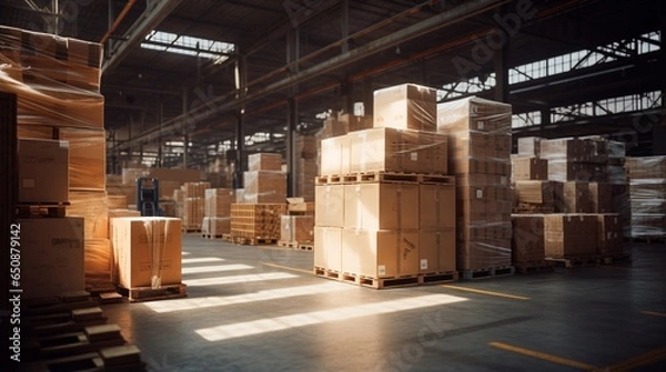 Fototapeta A warehouse full of boxes and pallets.