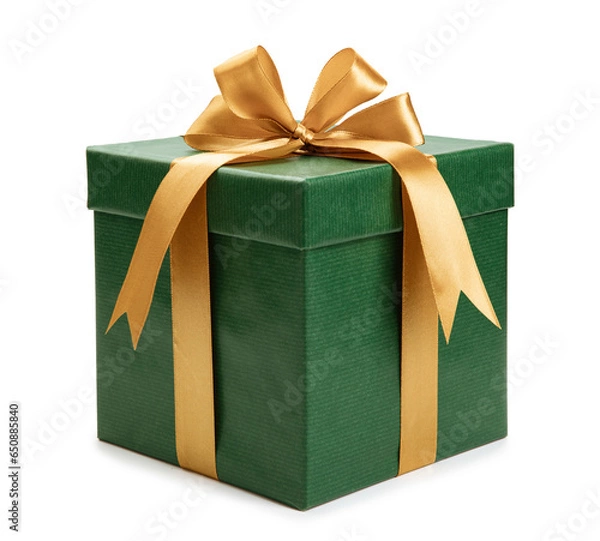 Obraz green gift box wrapped with gold bow and ribbon isolated on white background
