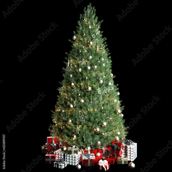 Obraz Christmas Tree with ornaments and presents isolated on black background 3d rendering