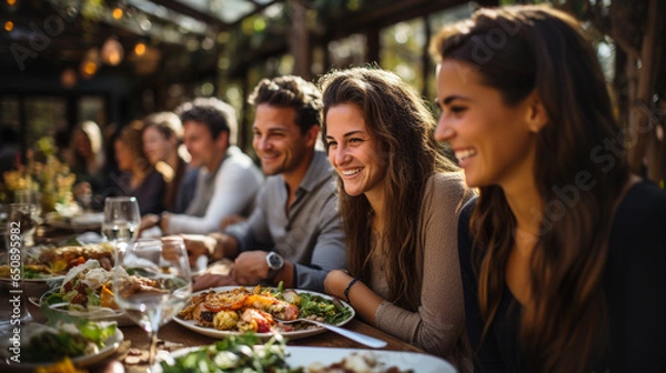 Fototapeta Family and friends enjoying a Thanksgiving meal together - generative AI.