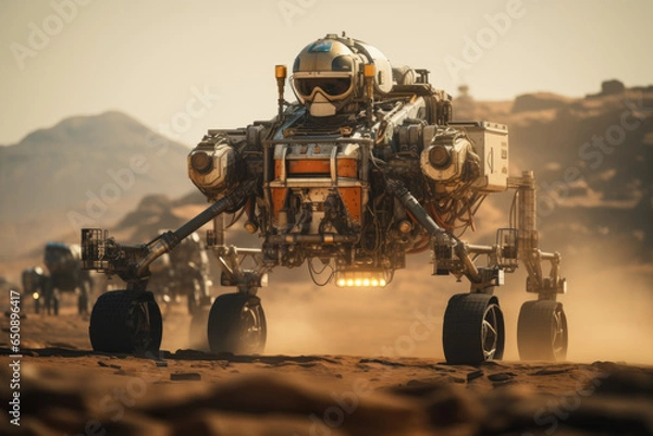 Fototapeta A spacecraft's landing gear deploying before touchdown on Mars. Generative Ai.