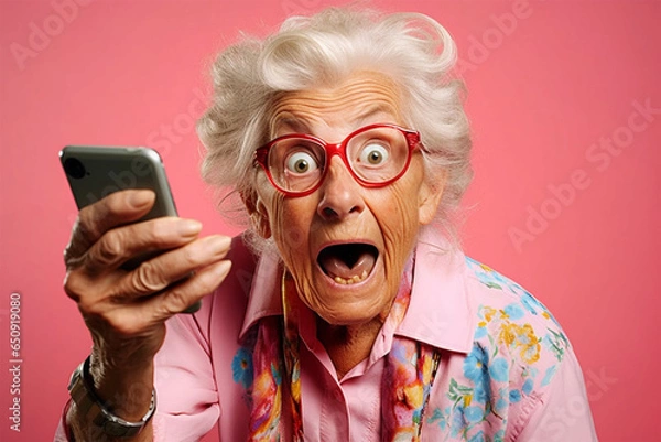Fototapeta The older grandmother is delighted and surprised by the mobile device.Funny looking elderly woman. entertainment and winning