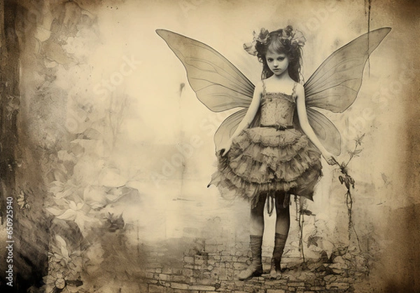 Fototapeta A hand drawn illustration or vintage black and white photo of a Victorian girl with wings, on an old textured paper of a scroll, with empty blank space for writing a poem or a fairy tale.