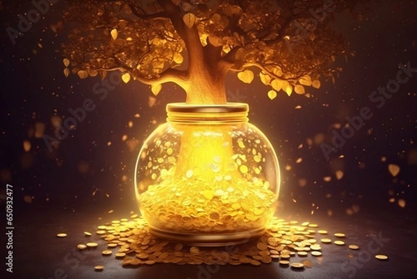 Fototapeta Spiritual awakening concept : 3D cool fantasy blessing tree rich and lucky golden tree jar  matrix dot decoration, Abundance life rich and lucky manifesting image