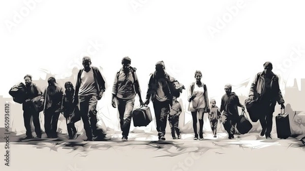 Fototapeta An illustration depicting the harsh reality faced by families forced to emigrate from their countries due to war, crossing borders on foot under inhumane conditions. Generative AI.